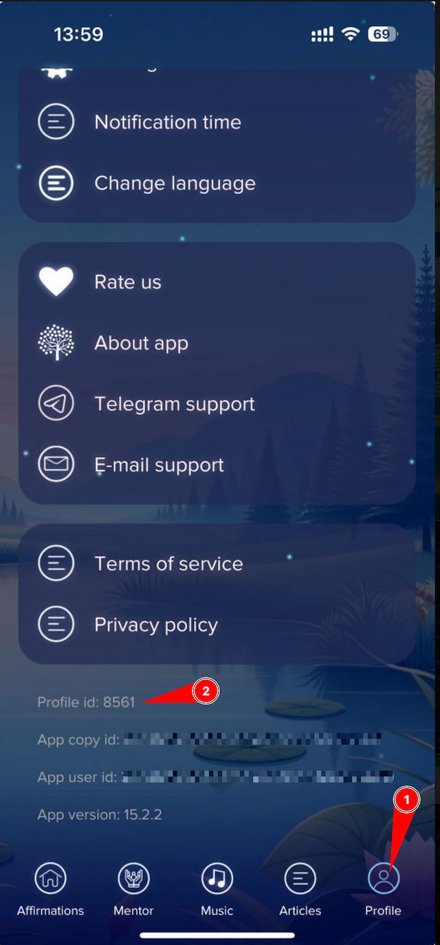 Profile screen with service information and Profile Id at the bottom